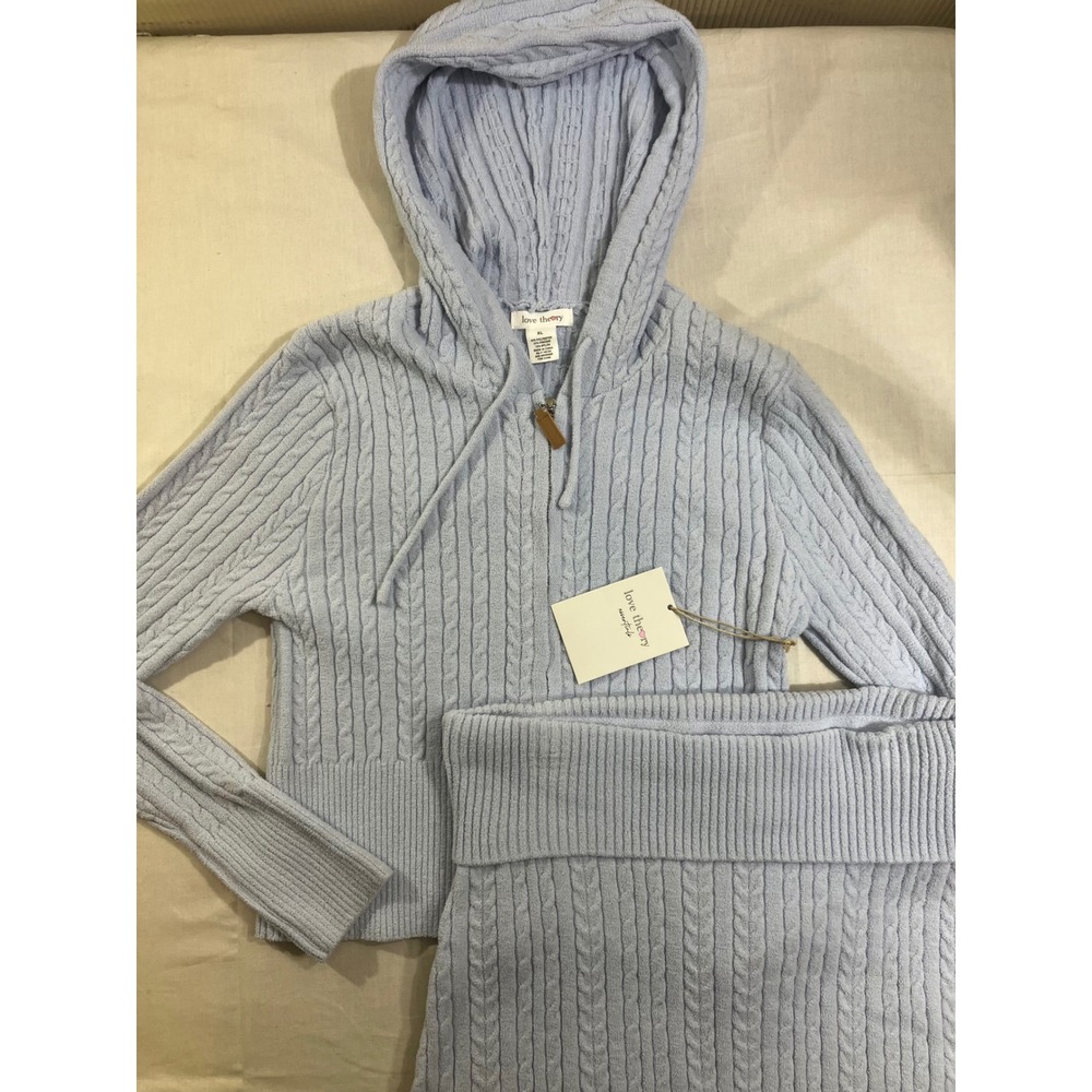 Love Theory Essentials Womens XL Blue Cable Knit Hoodie & Shorts Lounge Set NEW